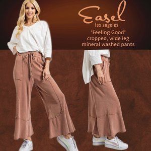 EASEL "Feeling Good" 100% Cotton Mineral Washed Cropped Pants Pockets Flared Leg